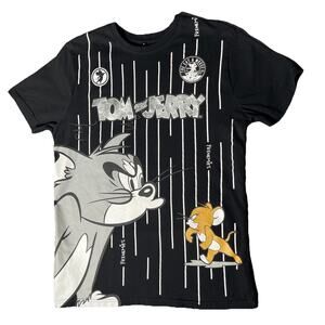 Tom and Jerry Frenemies Retro Cartoon Comics Tee Striped Black Skater T-shirt, M
